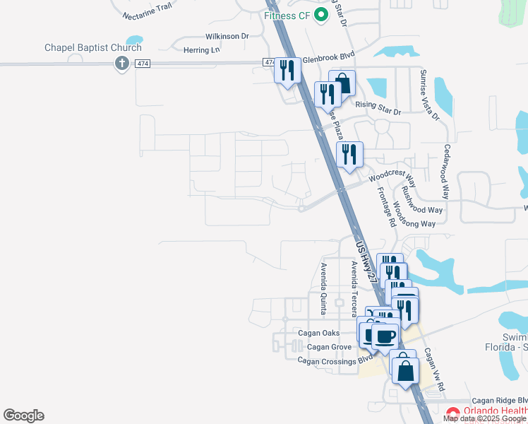 map of restaurants, bars, coffee shops, grocery stores, and more near 1105 U.S. 27 in Clermont