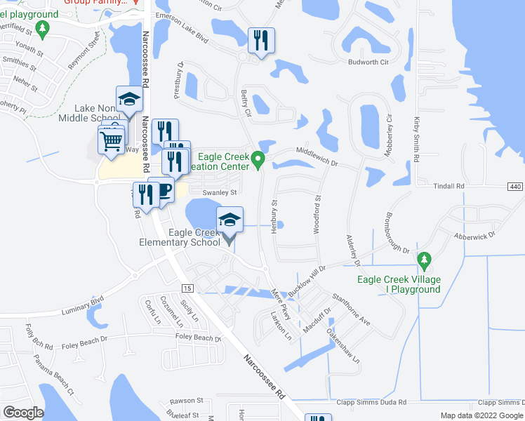 map of restaurants, bars, coffee shops, grocery stores, and more near 9894 Mere Parkway in Orlando