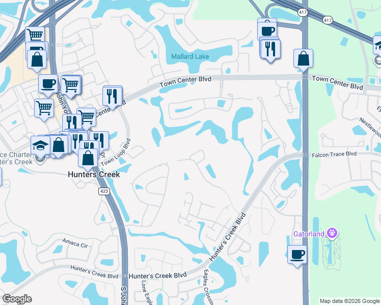 map of restaurants, bars, coffee shops, grocery stores, and more near 2835 Crane Trace Circle in Orlando