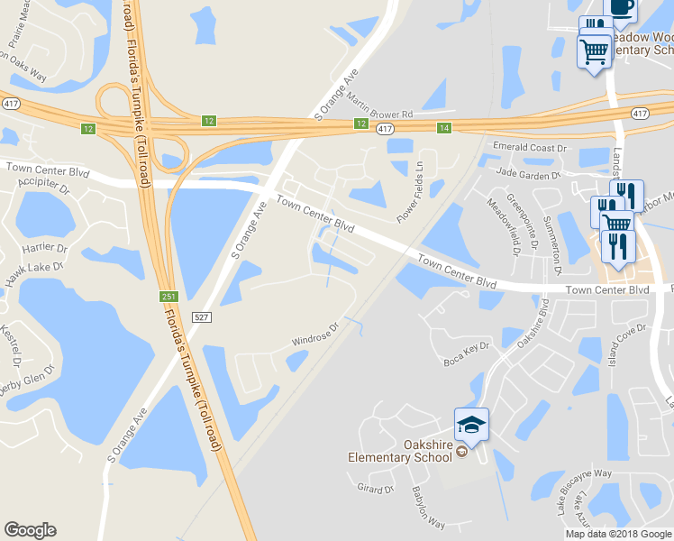 map of restaurants, bars, coffee shops, grocery stores, and more near 251 Windrose Drive in Orlando