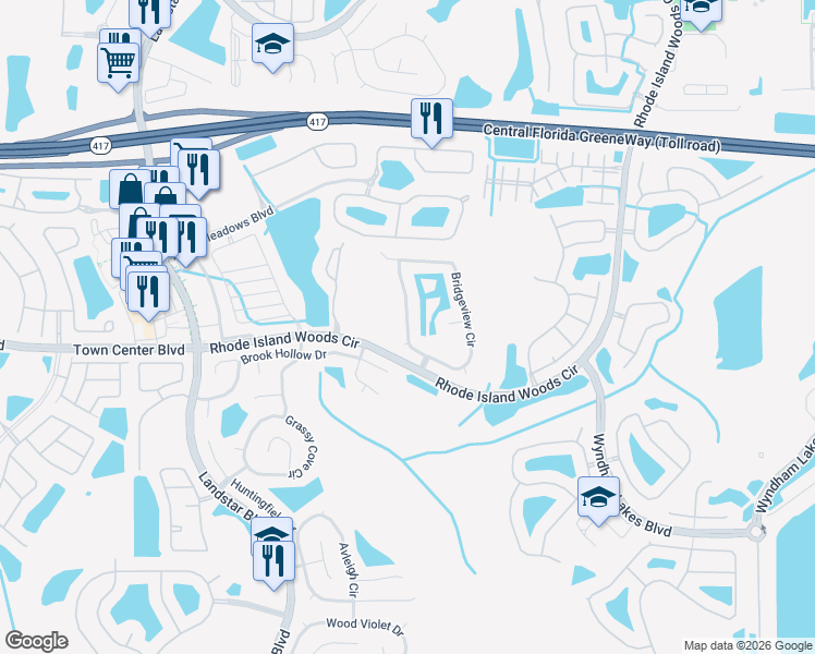 map of restaurants, bars, coffee shops, grocery stores, and more near 1705 Bridgeview Circle in Orlando