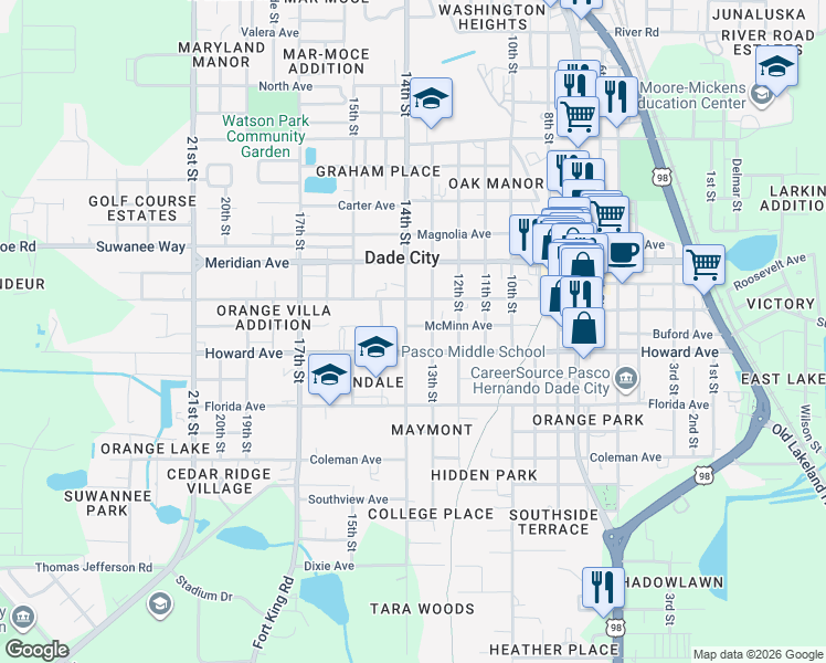 map of restaurants, bars, coffee shops, grocery stores, and more near 14027 13th Street in Dade City