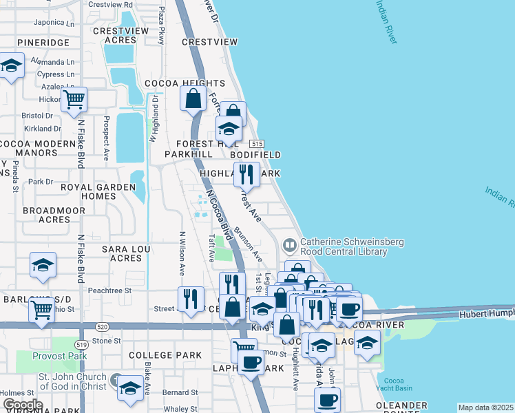 map of restaurants, bars, coffee shops, grocery stores, and more near 39 Carmalt Street in Cocoa