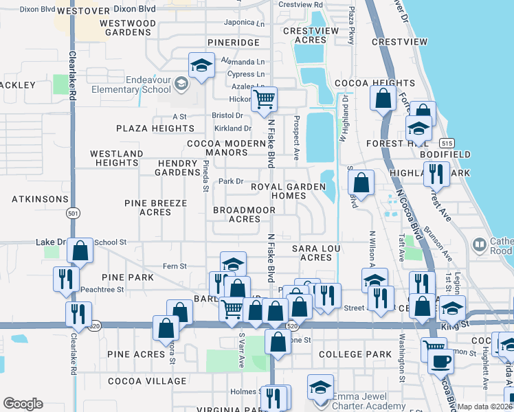map of restaurants, bars, coffee shops, grocery stores, and more near 403 North Kentucky Avenue in Cocoa