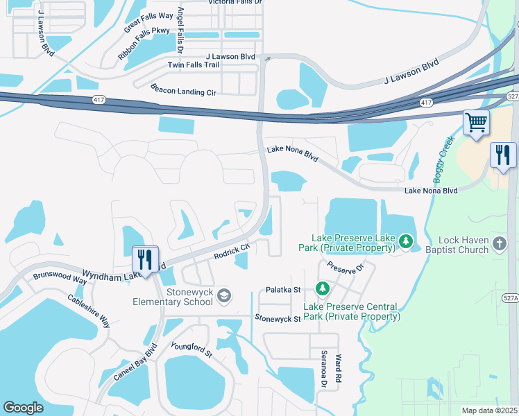 map of restaurants, bars, coffee shops, grocery stores, and more near 2990 Rodrick Circle in Orlando