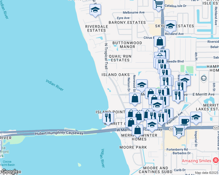 map of restaurants, bars, coffee shops, grocery stores, and more near in Merritt Island