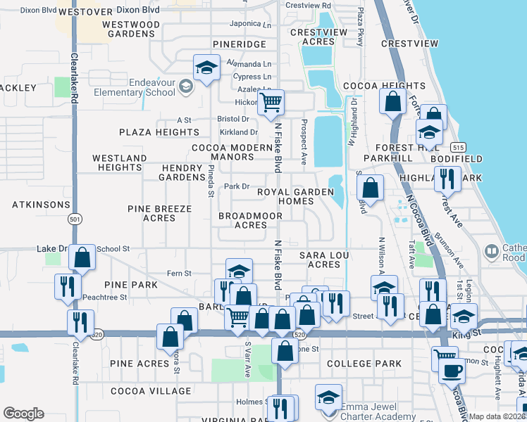 map of restaurants, bars, coffee shops, grocery stores, and more near 403 North Kentucky Avenue in Cocoa