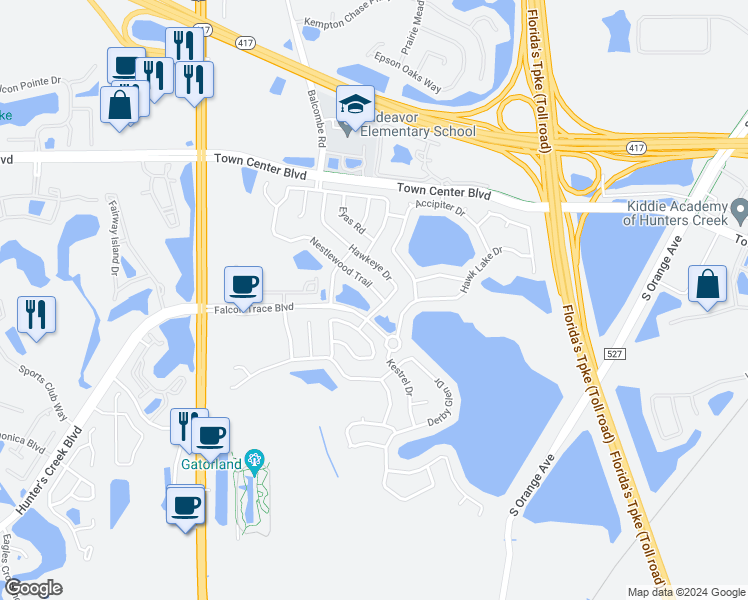map of restaurants, bars, coffee shops, grocery stores, and more near 13900 Hawkeye Drive in Orlando