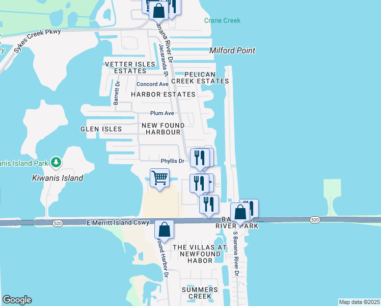 map of restaurants, bars, coffee shops, grocery stores, and more near 317 Mullett Avenue in Merritt Island