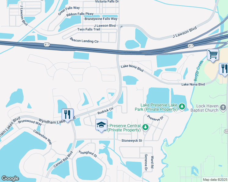 map of restaurants, bars, coffee shops, grocery stores, and more near 2970 Rodrick Circle in Orlando