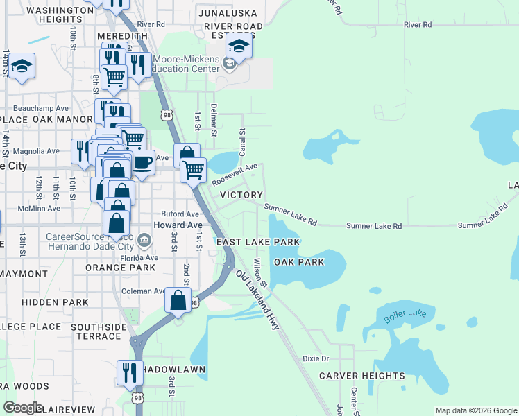 map of restaurants, bars, coffee shops, grocery stores, and more near 14021 Wilson Street in Dade City