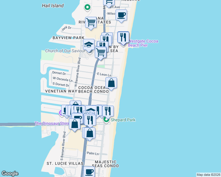 map of restaurants, bars, coffee shops, grocery stores, and more near 4700 Ocean Beach Boulevard in Cocoa Beach