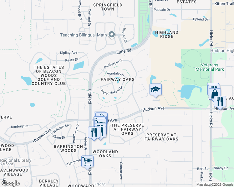 map of restaurants, bars, coffee shops, grocery stores, and more near 9239 Tournament Drive in Hudson