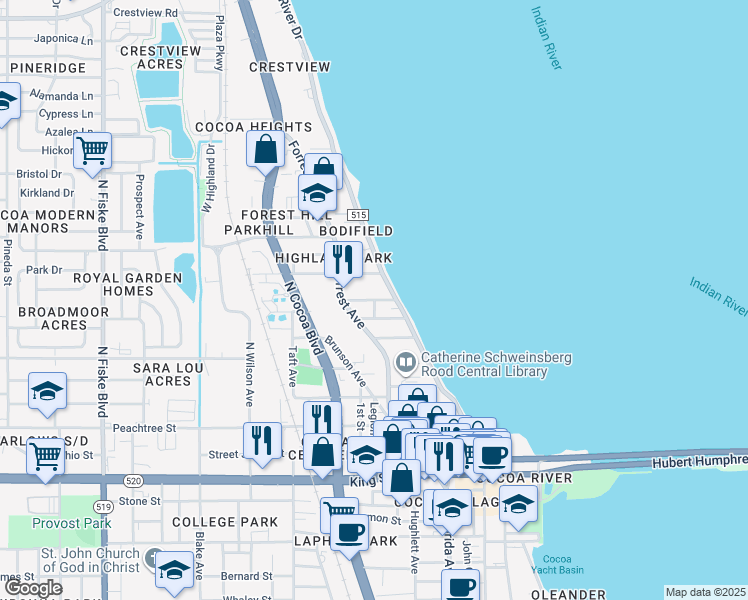 map of restaurants, bars, coffee shops, grocery stores, and more near 10 Carmalt Street in Cocoa