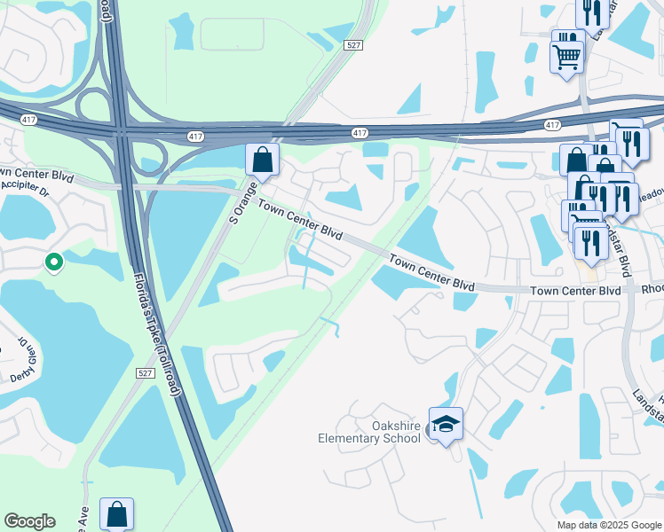 map of restaurants, bars, coffee shops, grocery stores, and more near 592 Cresting Oak Circle in Orlando