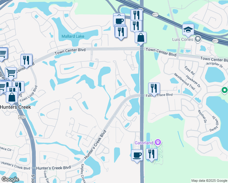 map of restaurants, bars, coffee shops, grocery stores, and more near 13815 Fairway Island Drive in Orlando