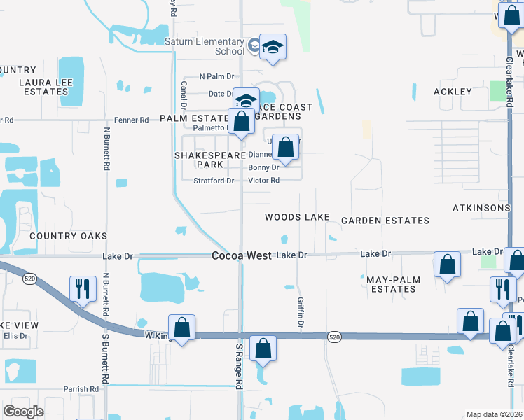 map of restaurants, bars, coffee shops, grocery stores, and more near 2409 Granger Drive in Cocoa