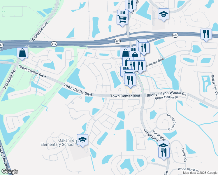 map of restaurants, bars, coffee shops, grocery stores, and more near 13427 Greenpointe Drive in Orlando