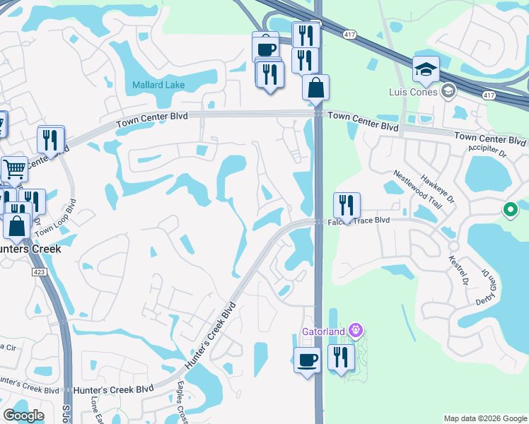 map of restaurants, bars, coffee shops, grocery stores, and more near 13815 Fairway Island Drive in Orlando