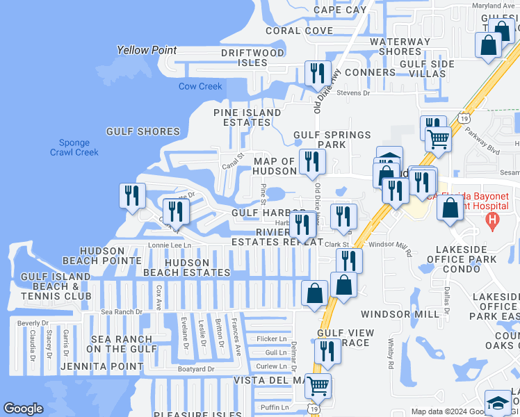 map of restaurants, bars, coffee shops, grocery stores, and more near 6737 Udell Lane in Hudson