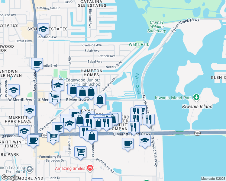map of restaurants, bars, coffee shops, grocery stores, and more near 801 Del Rio Way in Merritt Island