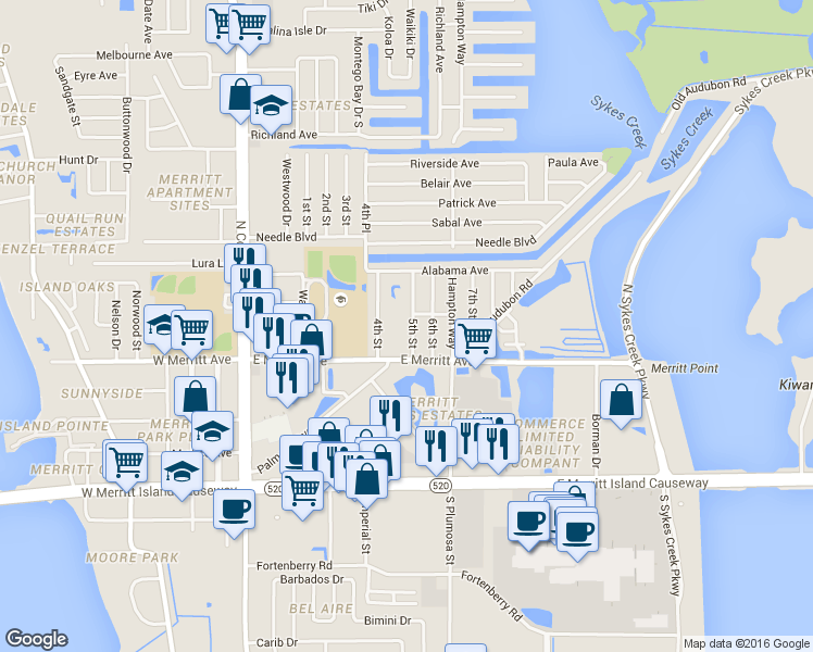 map of restaurants, bars, coffee shops, grocery stores, and more near 280 East Merritt Avenue in Merritt Island