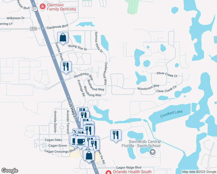 map of restaurants, bars, coffee shops, grocery stores, and more near 16946 Woodcrest Way in Clermont
