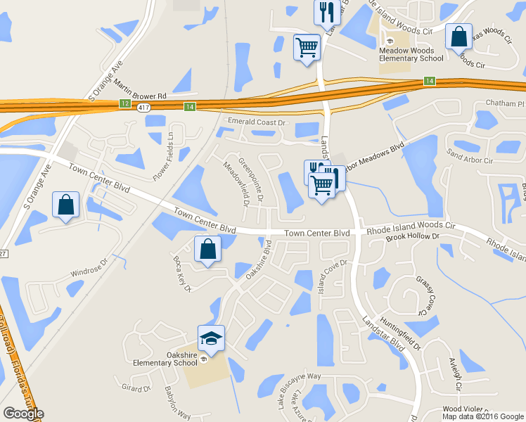map of restaurants, bars, coffee shops, grocery stores, and more near 13427 Greenpointe Drive in Orlando