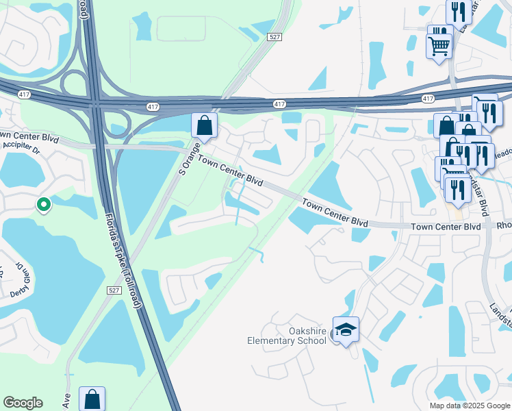 map of restaurants, bars, coffee shops, grocery stores, and more near 319 Windrose Drive in Orlando