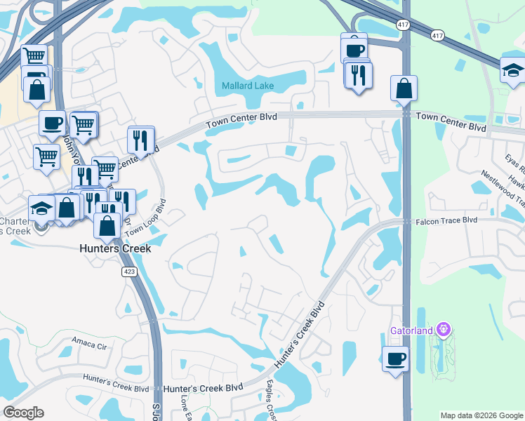 map of restaurants, bars, coffee shops, grocery stores, and more near 2835 Crane Trace Circle in Orlando
