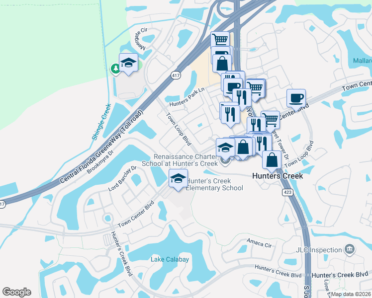 map of restaurants, bars, coffee shops, grocery stores, and more near 13916 Tallowridge Court in Orlando