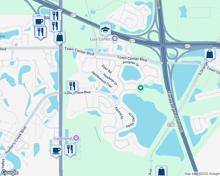 map of restaurants, bars, coffee shops, grocery stores, and more near 13900 Hawkeye Drive in Orlando