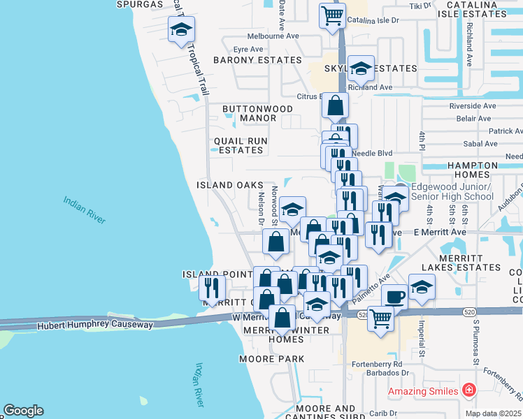 map of restaurants, bars, coffee shops, grocery stores, and more near 364 Woodland Street in Merritt Island