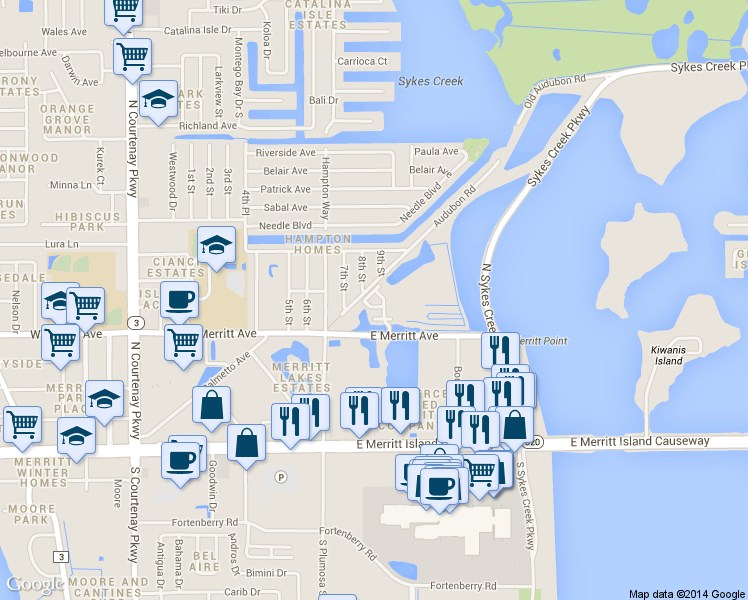 map of restaurants, bars, coffee shops, grocery stores, and more near 801 Del Rio Way in Merritt Island