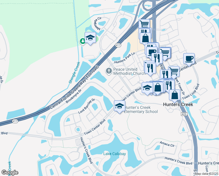 map of restaurants, bars, coffee shops, grocery stores, and more near 13806 Huntwick Drive in Orlando