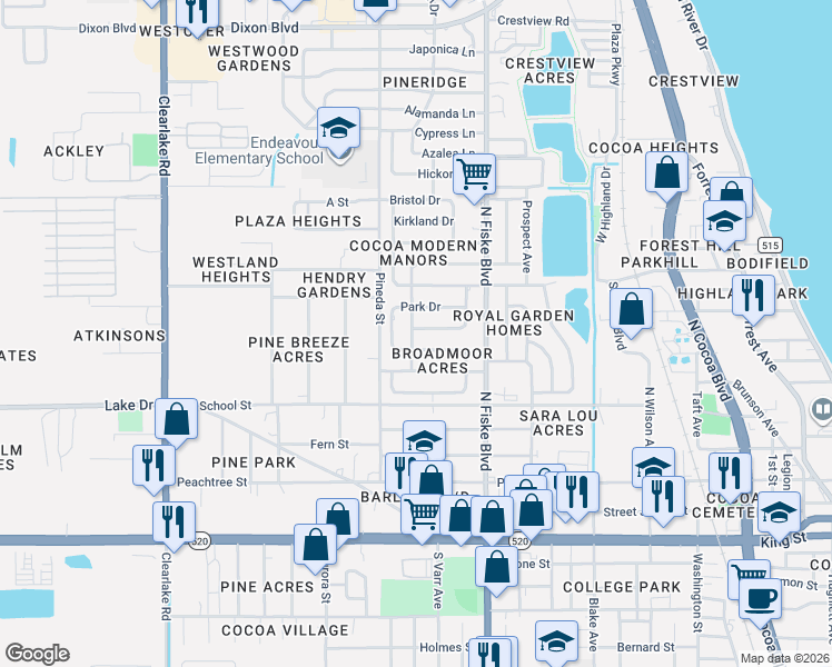 map of restaurants, bars, coffee shops, grocery stores, and more near 1061 Bellefonte Avenue in Cocoa