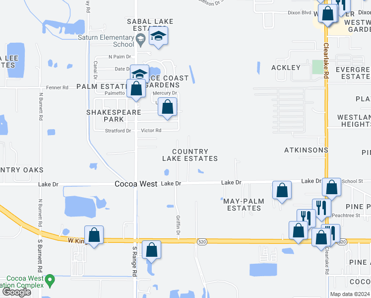 map of restaurants, bars, coffee shops, grocery stores, and more near 333 Woods Lake Drive in Cocoa