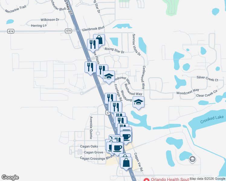map of restaurants, bars, coffee shops, grocery stores, and more near in Clermont