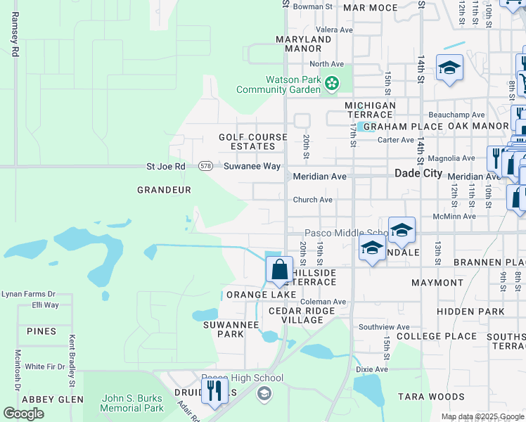 map of restaurants, bars, coffee shops, grocery stores, and more near 36841 Howard Avenue in Dade City