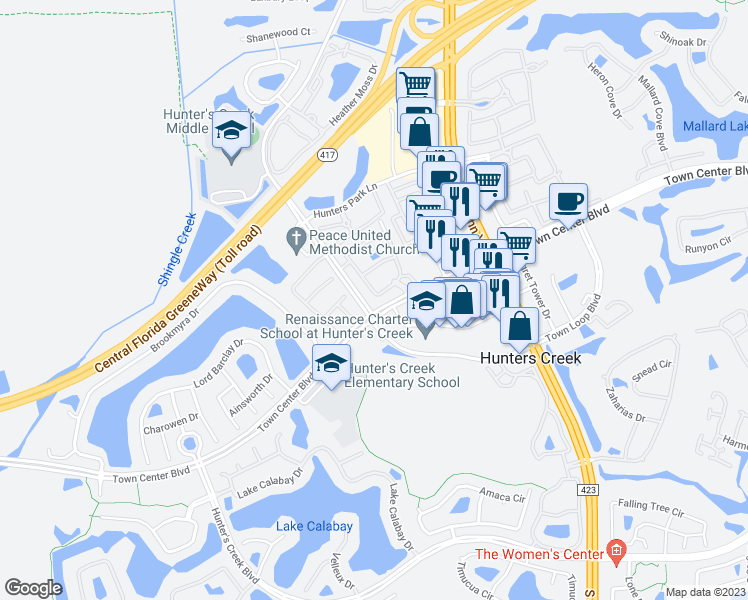 map of restaurants, bars, coffee shops, grocery stores, and more near 12012 Villanova Drive in Orlando