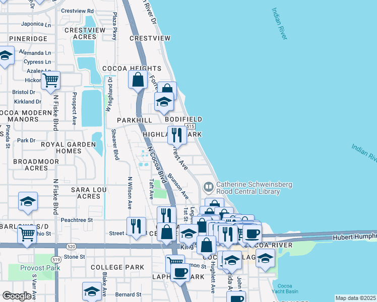 map of restaurants, bars, coffee shops, grocery stores, and more near 16 Olive Street in Cocoa