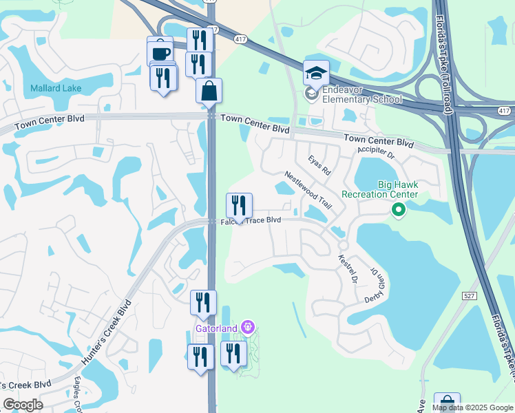 map of restaurants, bars, coffee shops, grocery stores, and more near 1712 Peregrine Falcons Way in Orlando