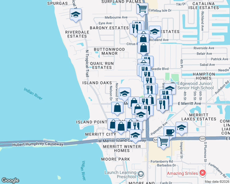 map of restaurants, bars, coffee shops, grocery stores, and more near 435 Norwood Street in Merritt Island
