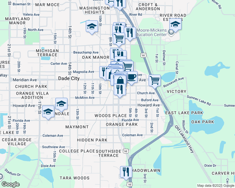 map of restaurants, bars, coffee shops, grocery stores, and more near in Dade City