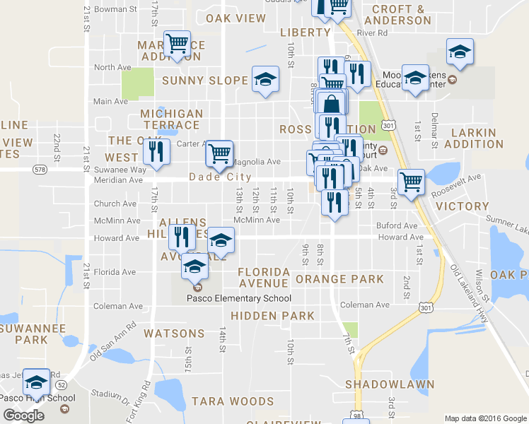 map of restaurants, bars, coffee shops, grocery stores, and more near 37628 Church Avenue in Dade City