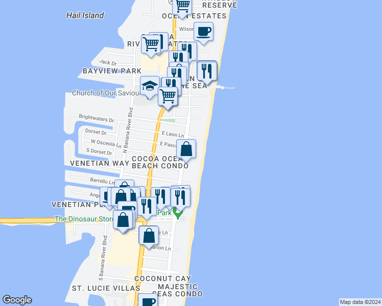 map of restaurants, bars, coffee shops, grocery stores, and more near 4850 Ocean Beach Boulevard in Cocoa Beach
