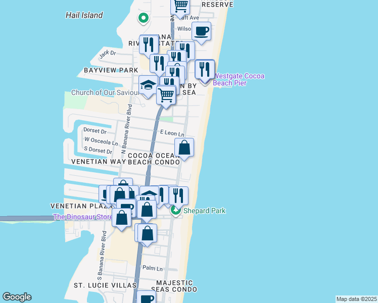 map of restaurants, bars, coffee shops, grocery stores, and more near 4850 Ocean Beach Boulevard in Cocoa Beach