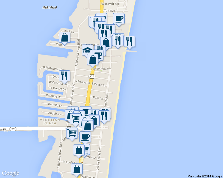 map of restaurants, bars, coffee shops, grocery stores, and more near 4850 Ocean Beach Boulevard in Cocoa Beach