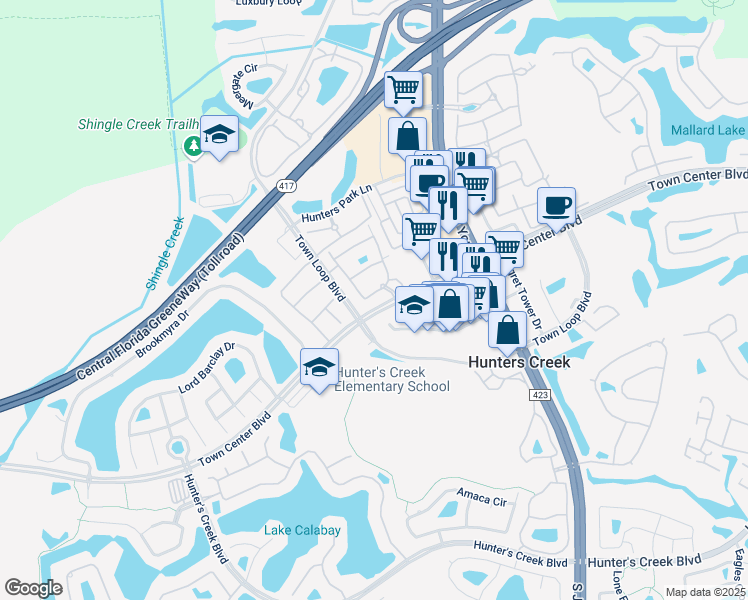map of restaurants, bars, coffee shops, grocery stores, and more near 12021 Villanova Drive in Orlando