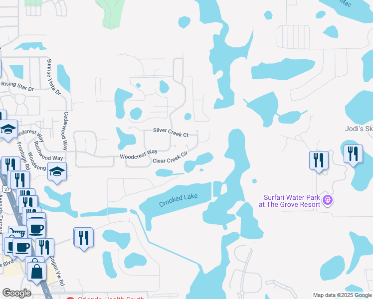 map of restaurants, bars, coffee shops, grocery stores, and more near 932 Clear Creek Circle in Clermont